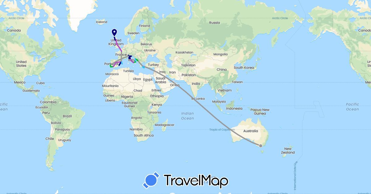 TravelMap itinerary: driving, bus, plane, train, boat in Australia, Spain, France, United Kingdom, Greece, Croatia, Italy, Montenegro, Portugal, Vatican City (Europe, Oceania)